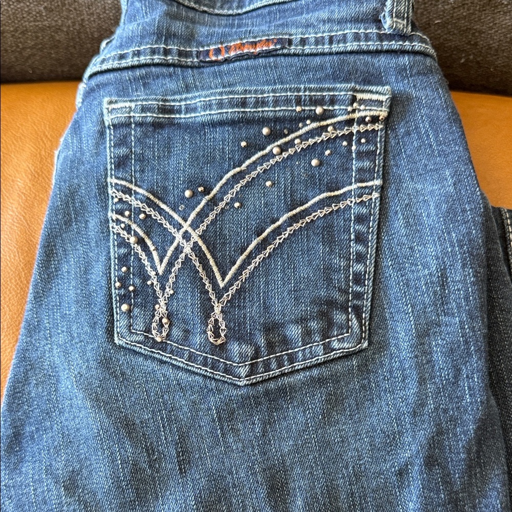 Wrangler Women's Blue Denim Boot Cut Jeans with Embroidered Back Pocket Q Baby
